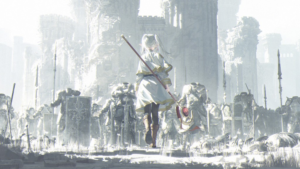 Illustration: figure with staff walking through a field of armor toward ruined castle in bright mist
